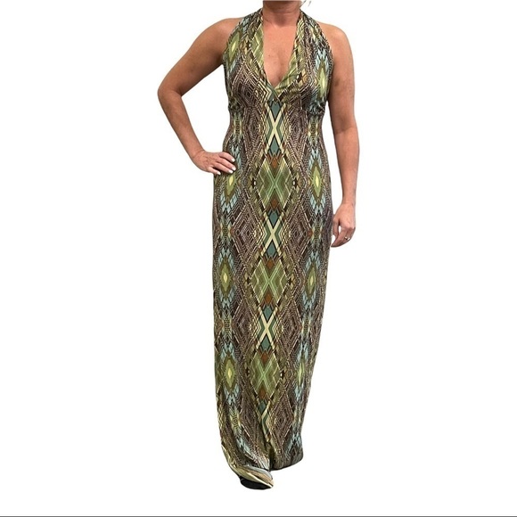 𝅺ROZAE Nichols silk halter maxi dress in boho diamond Ikat print greens/browns. - Picture 1 of 13